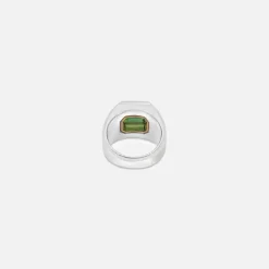 Solitaire Rectangle Ring In Silver And Yellow Gold With Green Tourmaline